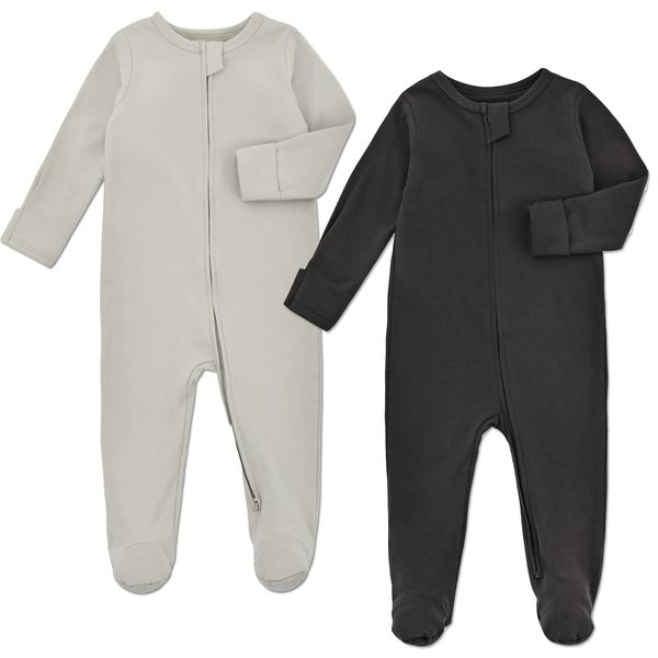 Aablexema Baby Pajamas with Feet and Mittens 2-Pack Zip Up Infant Cotton Long Sleeve Footies Sleep and Play (Light Grey & Black Grey,Newborn)