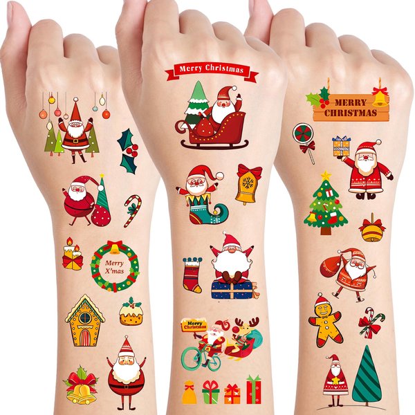 Konsait Christmas Tattoos for Kids, 210Pcs Santa Tree Snowman Gingerbread Man Small Christmas Temporary Tattoos, Hollday Tattoos Christmas Goodie Bag Stuffers Kids Stocking Stuffers, 30 Sheets