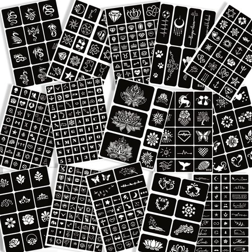 Henna Tattoo Stencils Kit Reusable for Women Girls, 410+ PCS Tattoo Templates, Temporary Indian Arabian Glitter Airbrush Tattoo Stencils for Face Body Paint DIY