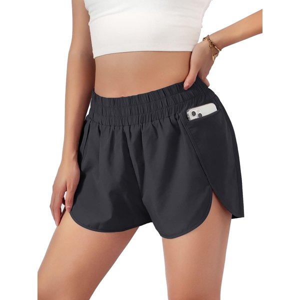 Blooming Jelly Womens Quick-Dry Running Shorts Sport Layer Elastic Waist Active Workout Shorts with Pockets 1.75" (Medium, Black)