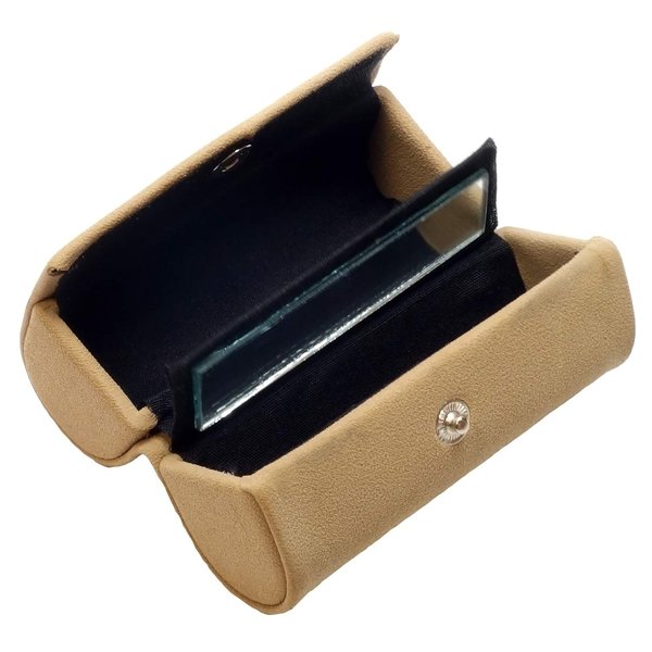Speert Beige Suede Travel Cosmetic Double Lipstick Case Holder with Mirror Womens Compact Makeup Bag Purse Snap Closure