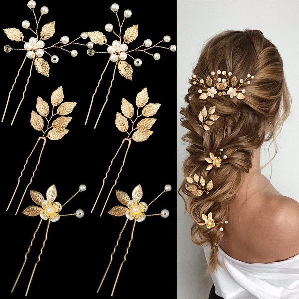 6 Pieces Bridal Wedding Hair Pins Gold Leaf Crystal Pearl Hair Pins Clips Headpiece Vintage Wedding Hair Accessories Jewelry with Rhinestone for Brides Bridesmaids Flower Girls (Lovely)