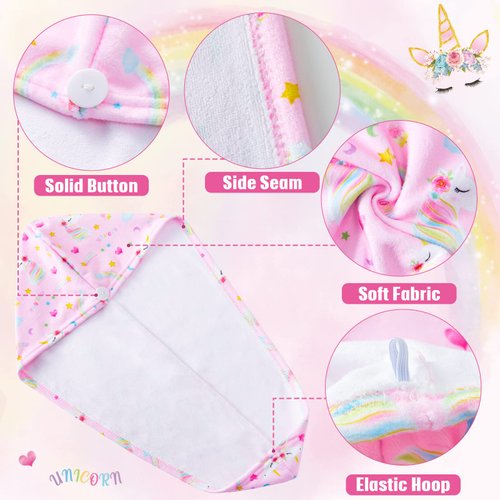 2 Pack Kids Microfiber Hair Drying Towel Girls Hair Drying Wrap Rapid Drying Hair Towel Wrap Unicorn Hair Drying Towel with Button for Women Girls Hair Turban for Wet Hair Wraps