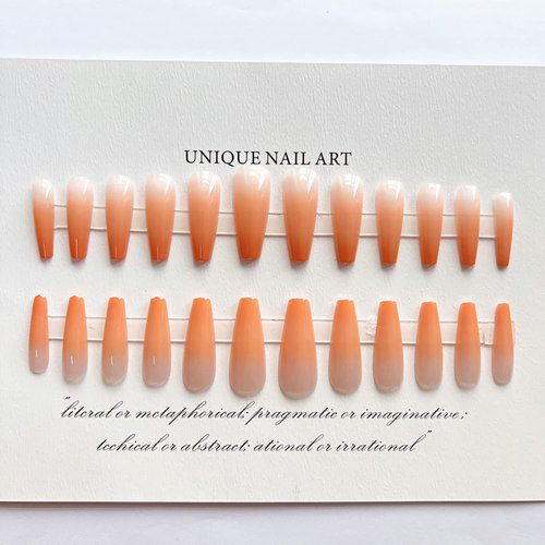 French Press on Nails Long Coffin Fake Nails Full Cover False Nails with gradient Design Acrylic Nails for Women and Girls 24Pcs (orange)