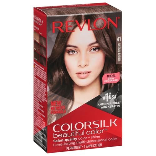 Permanent Hair Color by Revlon, Permanent Hair Dye, Colorsilk with 100% Gray Coverage, Ammonia-Free, Keratin and Amino Acids, 41 Medium Brown, 4.4 Oz (Pack of 1)