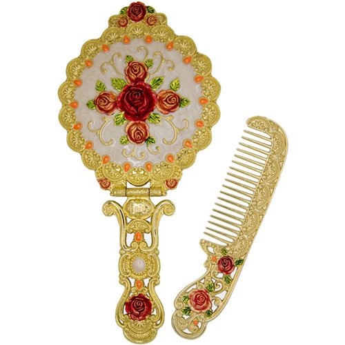 Nerien Vintage Mirror Comb Set Metal Antique Rose Style Handheld Makeup Mirror Travel Round Folding Cosmetic Mirror Women's Vanity Handle Foldable Mirror Decorative Tabletop Mirror Gold-1