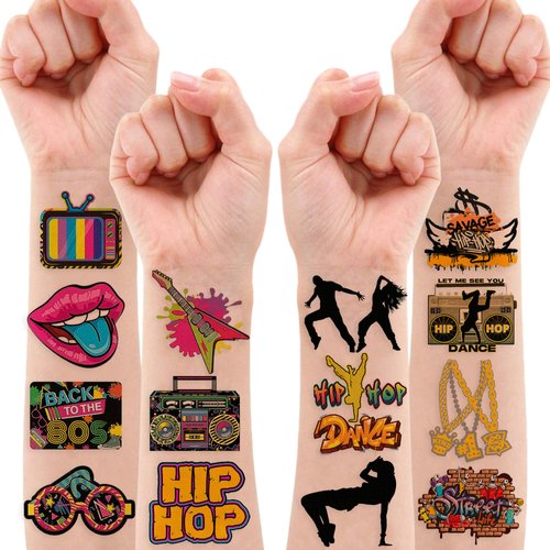 8 Sheets (84PCS) Hip Hop Temporary Tattoos 80s 90s Themed Birthday Party Decorations Supplies Favors Decor Stickers For Men Women Kids Gifts Classroom School Prizes Rewards