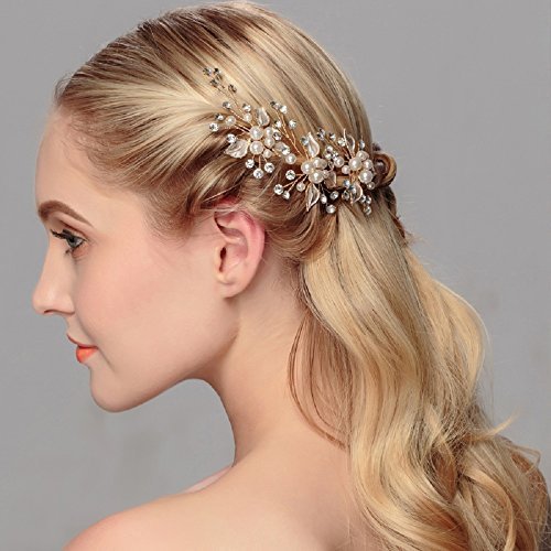 Ammei Headpiece Gold Wedding Headpieces For Bride Handmade Leaves Design Bridal Hair Pins with Rhinestones and Pearls Set Of 2 (Gold)