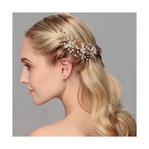 Ammei Headpiece Gold Wedding Headpieces For Bride Handmade Leaves Design Bridal Hair Pins with Rhinestones and Pearls Set Of 2 (Gold)