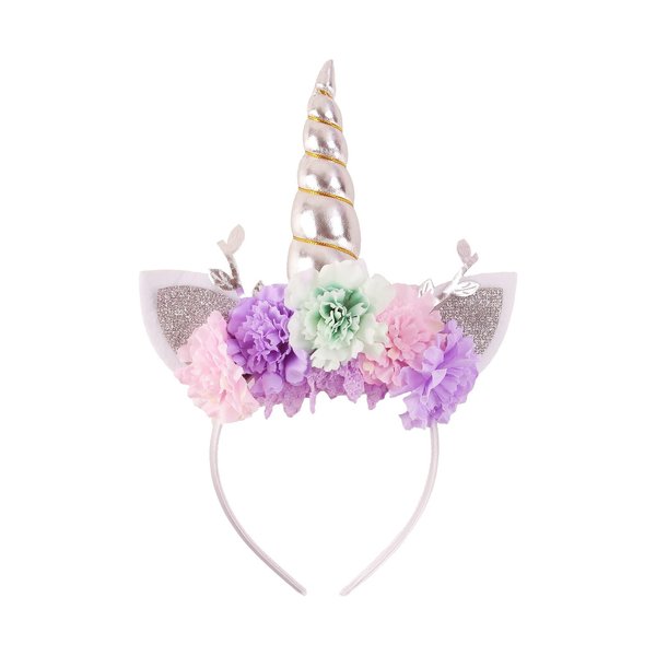 Nishine Unicorn Crown Headband Artifical Flower Glitter Horn Headbands for Birthday Cosplay Decor (Silver)
