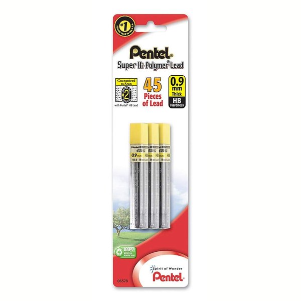 Pentel® Super Hi-Polymer® Leads, 0.9 mm, HB, Medium, 12 Leads Per Tube, Pack of 3 Tubes