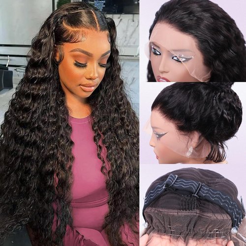 YMY Hidden Strap 360 Glueless Wigs Human Hair Pre Plucked Pre Cut Water Wave 180 Density HD Full Lace Front Wigs Human Hair With Drawstring 24 Inch Natural Hairline Frontal Wig For Women