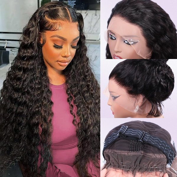 YMY Hidden Strap 360 Glueless Wigs Human Hair Pre Plucked Pre Cut Water Wave 180 Density HD Full Lace Front Wigs Human Hair With Drawstring 24 Inch Natural Hairline Frontal Wig For Women