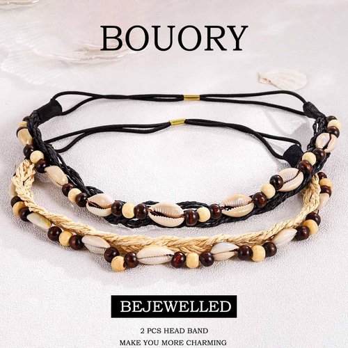 Bouory Boho Elastic Headbands Seashell Braided Hairbands Non Slip Head Bands Stretchy Headpiece for Women 2PCS