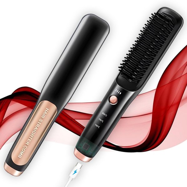 Cordless Hair Straightener Brush, Portable Straightening Brush, Long-Life Battery with USB-C Rechargeable, Anti-Scald, Portable for Travel, Hot Comb Hair Straightener for Women(Glossy Black)