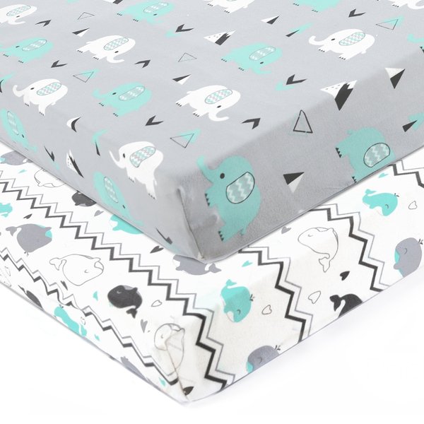 Stretchy Fitted Crib Sheets Set BROLEX 2 Pack Portable Crib Mattress Topper for Baby Boys Girls,Ultra Soft Jersey,Full Standard,Elephant & Whale