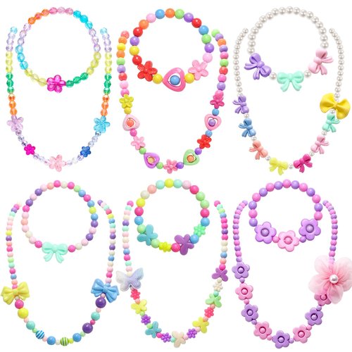 KELENO 6 Sets Girls Jewelry Princess Flower Necklaces Bracelets for Toddler Girl Princess Costume Dress Up Play Party Favors Toy Gifts for Little Girls Years Old 3 4 5 6 7 8