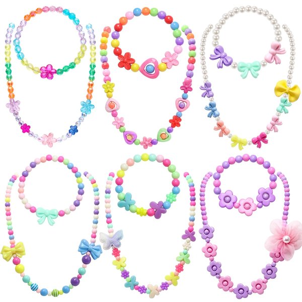 KELENO 6 Sets Girls Jewelry Princess Flower Necklaces Bracelets for Toddler Girl Princess Costume Dress Up Play Party Favors Toy Gifts for Little Girls Years Old 3 4 5 6 7 8