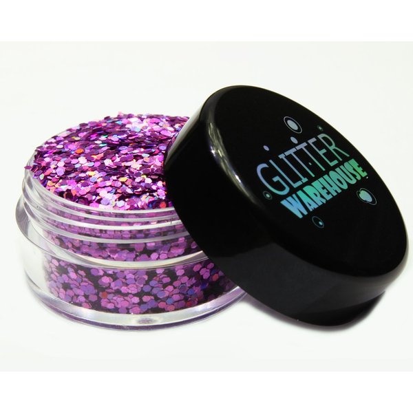 1mm Chunky Rose Pink Holographic Glitter GLITTERWAREHOUSE Cosmetic Glitter Loose Glitter Powder for Festival Makeup Face Body Hair Nails Eyes Lips (50g Resealable Bag)