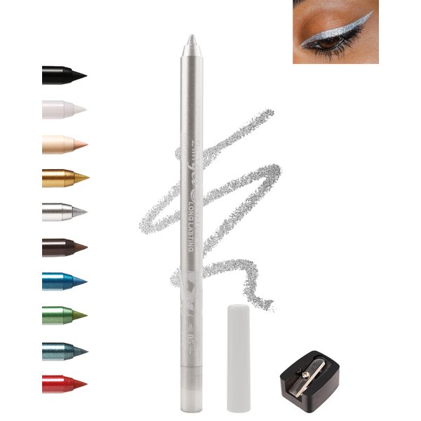 Silver Glitter Eyeliner Pencil Gel, Sharpenable Multi-Use Longwear Colorful Eye Liner, Waterproof Smudge Resistant, Cruelty Free Eye Brightener Pencil Makeup Pen with Sharpener, Delineador De Ojos-05