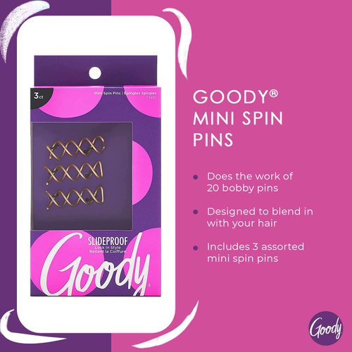Goody Hair Spin Pin, - Mini Corkscrew Hair Pins for Fast Bun Provides All-Day Hold - Easy and Quick To Use - Pain-Free Hair Accessories for Women, Men, Boys, and Girls, 3 Count (Pack of 1)