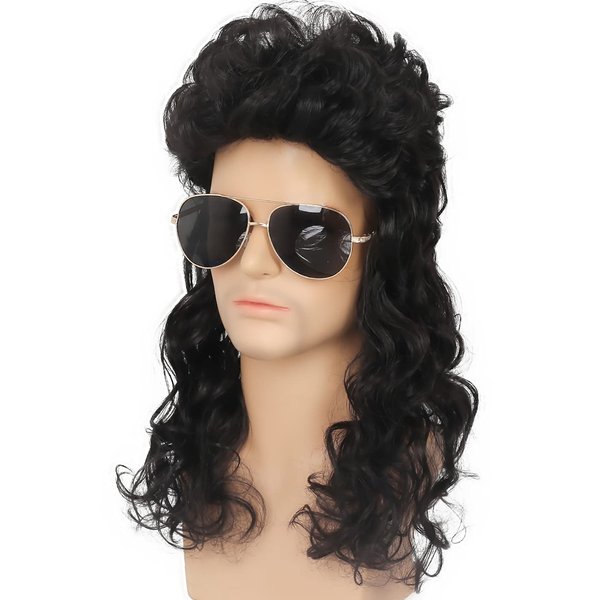 Kaneles Mullet Wig Mens Black Long Curly Wigs Hair 70s 80s Male Wig Halloween Costumes Punk Rocker Wig