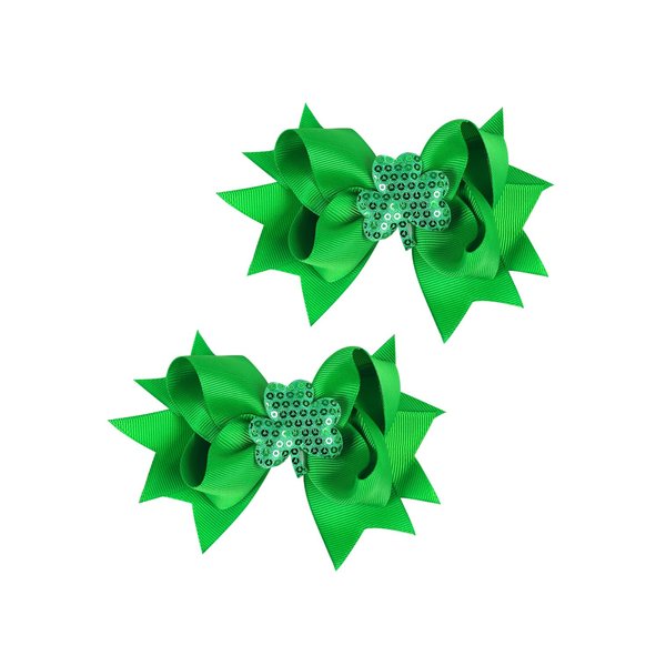 St. Patrick Baby Hairpin Hair Clips Bowknot Green Clover Ribbon Hair Bows JHSP14 (2 Pcs-E)