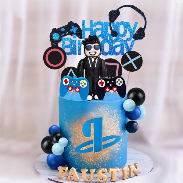 Video Game Cake Toppers Gamer Cake Decoration Game Controller Blue Black Ball Cake Toppers for Game Theme Party Man Boy Birthday Party Supplies (Style 1)