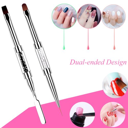 LEQ 2Pcs Nail Art Brush Set, Dual-ended Oval & Flat Gel Nail Polish Brushes Nail Art Liner Brush Polygel Slice Tool for PolyGel UV Builder Gel Nails Extension