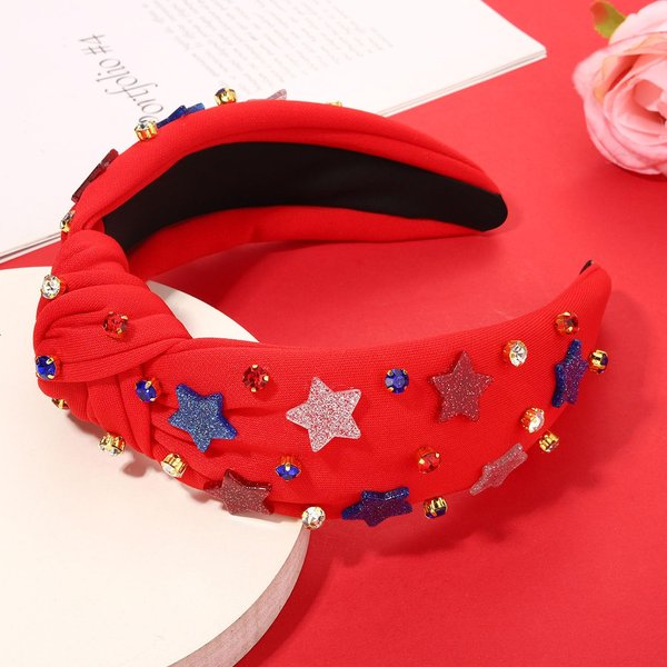 4th of July Headbands for Women American Flag Headband Patriotic Red Blue White Star Knotted Headband Embellished Rhinestone Wide Top Knot Headband 4th of July Hair Accessories Outfits Gifts (Red 2)