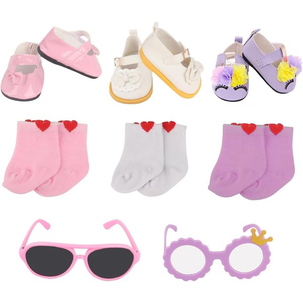 MSYO 18 Inch Doll Shoes Socks Glasses Set, 3 Pairs of Doll Shoes + 3 Pairs of Doll Socks + 2 Pcs Doll Eye Glasses, 8 Pcs Doll Accessories Fits 18 in American Dolls, Birthday Gift for Granddaughter