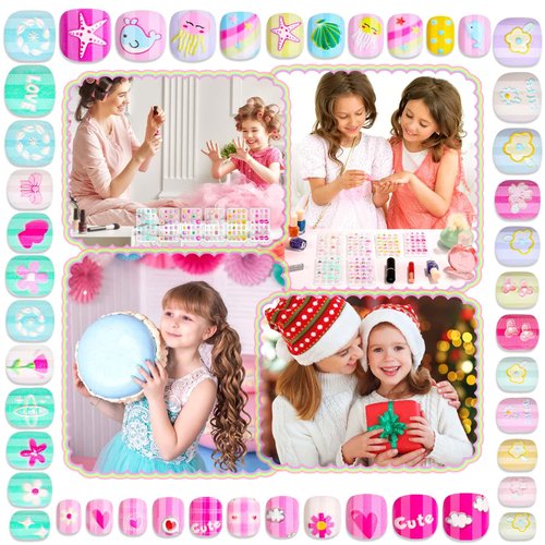 Audab 144 Pieces Kids Press on Nails for Girls Fake Nails Emboss Artificial Nail Tips Pre Glue Short Stick on Nails for Kids Nails Decoration Sleepovers Kids Valentine Day Gifts (Sweet Sunshine)