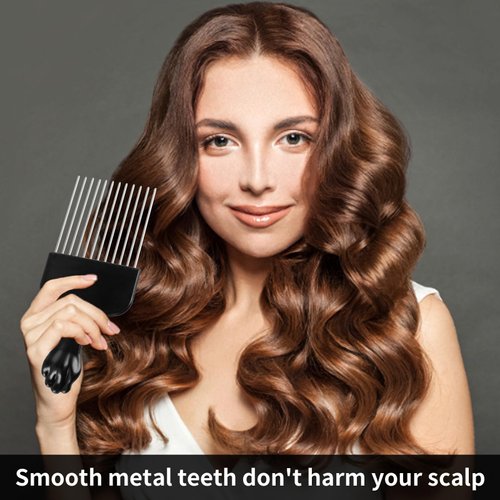 2 Pack Black Metal Hair Pick Afro Pick for Curly Hair Smooth Hair Pick Comb Wide Tooth Comb Professional Afro Comb for Women/Men Hair Styling Hairdressing Tool Teasing Pick Combs(Black)