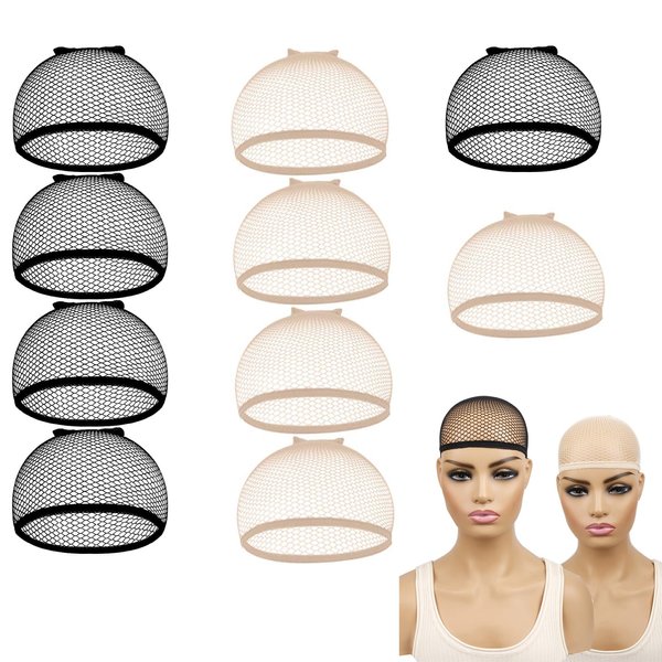 Hufopik 10 Pcs Wig Caps, Black Mesh Wig Caps for Wigs,hairnets，hair nets for sleeping， wig essentials（5 pcs beige and 5 pcs black color）