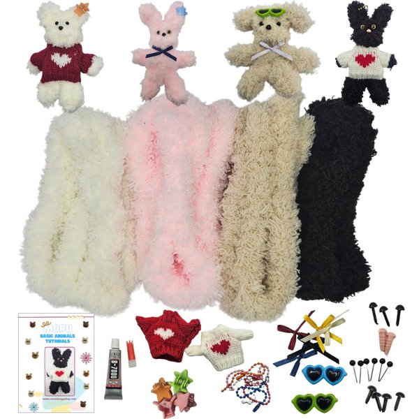 Moru Fur Pipe Cleaner Craft Kit # 2, Soft & Thick Teddy Fur-stem Wire for DIY Art & Craft. with Decorative Accessories(Sweaters/Eyes/Nose/Ribbons)&Tutorial. Great for a Gift, Craft Class, Party
