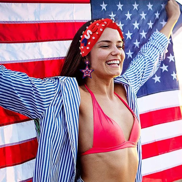 CEALXHENY 4th of July Headbands for Women, 4th of July Accessories, American Flag Patriotic Headbands, Rhinestone Pearl Knotted Headbands Beads Embellished Jeweled Headbands Holiday Gifts (2PCS USA)