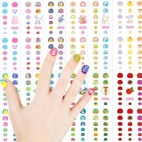Aniuvot Kids Nail Stickers Decals for Little Girls Birthday Party Favors 12 Sheets, Children Cartoon Animal Nail Manicure Decoration - Cat, Rabbit, Cake, Bear, Fox, Snowman, Strawberry Styles