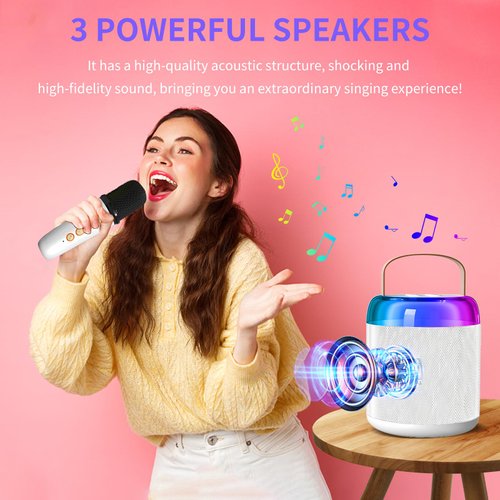 Ringkok Karaoke Machine for Kids, Mini Karaoke Machine with 2 Wireless Microphones, Portable Bluetooth Karaoke Speaker for Kids 4, 5, 6, 7, 8, 9, 10, 12 (White)