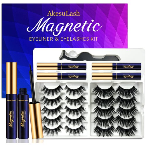 AkesuLash Magnetic Eyelashes Natural Look - Magnetic Lashes with 4 Tube of Magnetic Liner - 10 Pairs Mangetic False Eyelashes Kit with Applicator - Easy to Apply