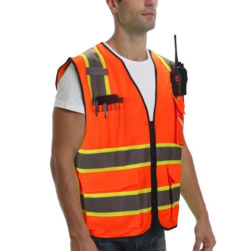 DPSAFETY 9 Pockets High visibility Class 2 Safety Vest，Hi Vis Vest with 2 inch wide Reflective Strips security vest with Zipper construction work vest for men &women Orange，2XL