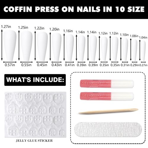 AddFavor 240pcs Coffin Press on Nails Long White Full Cover Fake Nails Matte Ballerina False Nail Tips for Women and Girls, White Nails