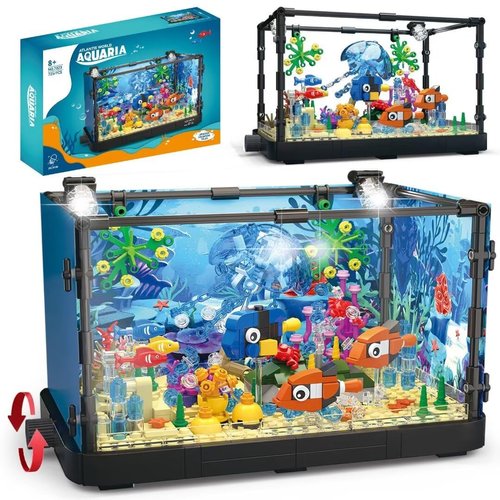 Vocrev Fish Tank Building Block Set for Adults and Kids Lighting Aquarium Building Block Toys for Boys Girls Age 8-14 Including Ocean Jellyfish, Fish, Corals, Crab 725pcs