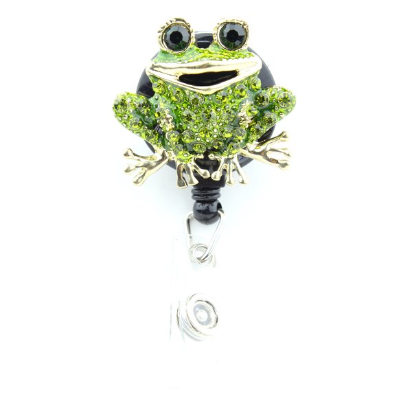 Green Toad Frog ID Badge Holder w/Retractable Pull Reel & Crystal Rhinestones