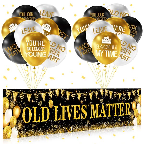 OLD LIVES MATTER Party Decorations Black Gold Funny Happy Birthday Banner and 18 Pcs Old Men Balloons for 30th 40th 50th 60th 70th 80th 90th Birthday Retirement Yard Backdrop Supplies Outdoor Indoor