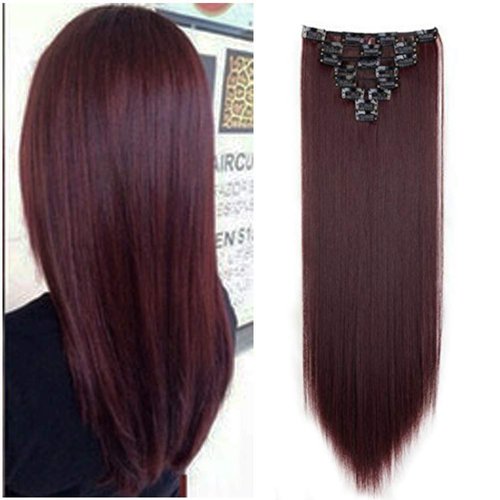 Benehair Clip in Hair Extensions 8PCS 26inch Long Straight Synthetic Hairpieces Wine Red Hair Extensions Double Weft Hairpieces for Women Full Head Cosplay Party Wedding Hairpiece