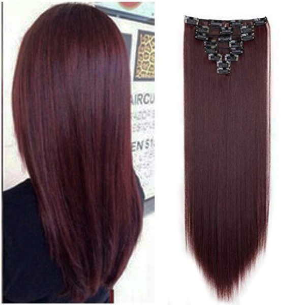 Benehair Clip in Hair Extensions 8PCS 26inch Long Straight Synthetic Hairpieces Wine Red Hair Extensions Double Weft Hairpieces for Women Full Head Cosplay Party Wedding Hairpiece