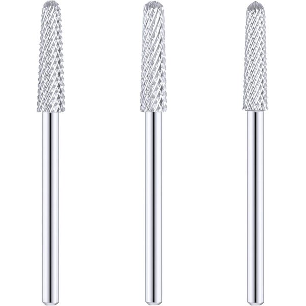 3 Pieces Nail Drill Bits Cone Shape Carbide Bit Carbide Nail Drill Bits for Manicure Pedicure Tools Machine, 3/32 Inch Shank Size, Grit Size XF, F, M (Silver)