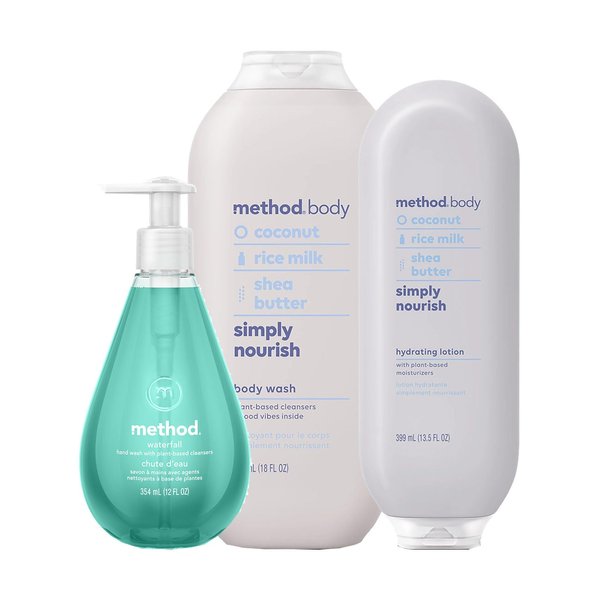 Method Bathroom Set Variety Pack, Simply Nourish Body Wash 18 oz, Simply Nourish Lotion 14 oz, Waterfall Gel Hand Soap 12 oz. 3 CT