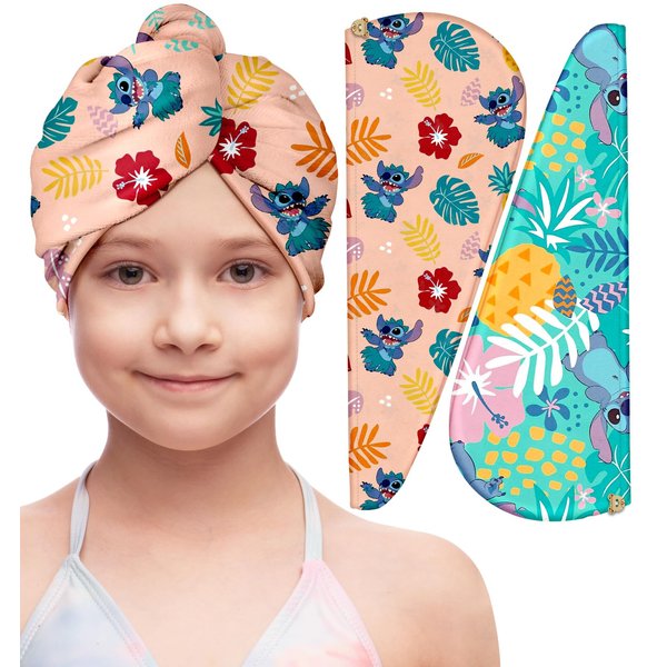 Akkya Microfiber Hair Towel Wrap for Kids Girls Women 2 Pack Drying Turban Towels for Wet Hair Quick Dry Head Wraps Cute Hawaiian Cartoon Print