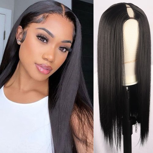 SCENTW Straight V Part Wig Synthetic Black Upgrade U Part Wigs for Black Women Glueless Full Head Clip In Hair Extensions Wig V Shape No Leave Out Wigs for Women Natural soft 150% Density(1B)